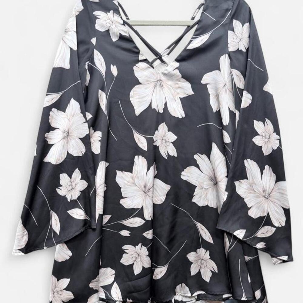 Show Me Your Mumu Joni Flow Dress XS Lethe Bloom Black Floral Satin Bell Sleeve